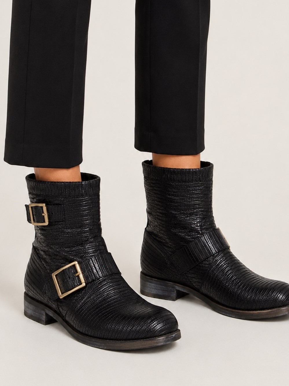 Jimmy Choo Black Biker Boots Moto Combat Buckle Croc Embossed 36.5 $1195